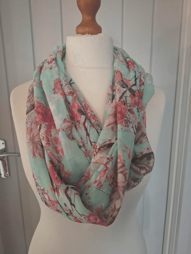 Pink floral with Birds, infinity scarf, blue, with Pink flowers, loop scarf, wrap, shawl, Mothers Day Gift, Scarf, Scarf Women