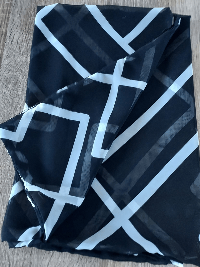 Handmade Black Chiffon scarf, with White Square Print, scarf, wrap, shawl, Mothers Day Gift, Letter Box