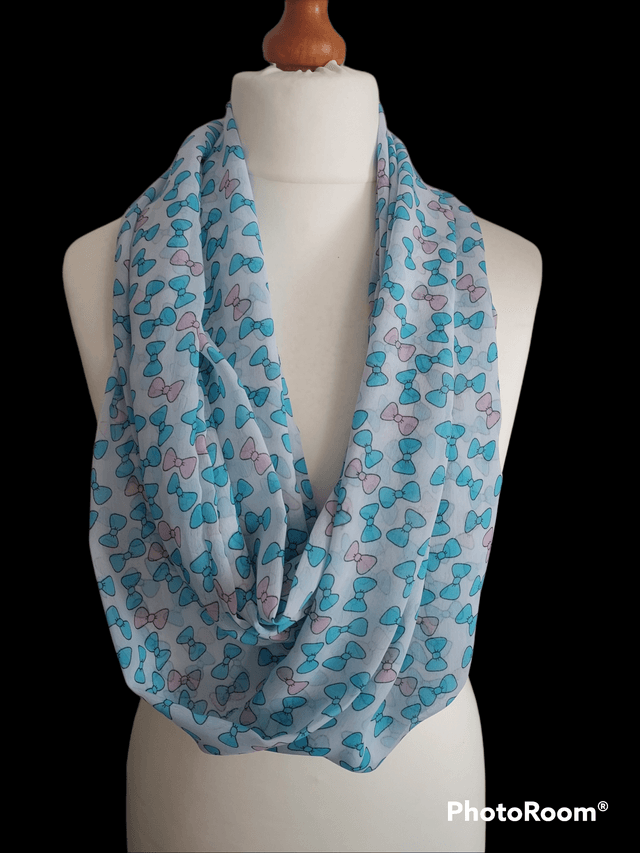 Handmade White infinity scarf, with Blue & Pink Bow Print, loop scarf, wrap, shawl, Mothers Day Gift, Letter Box