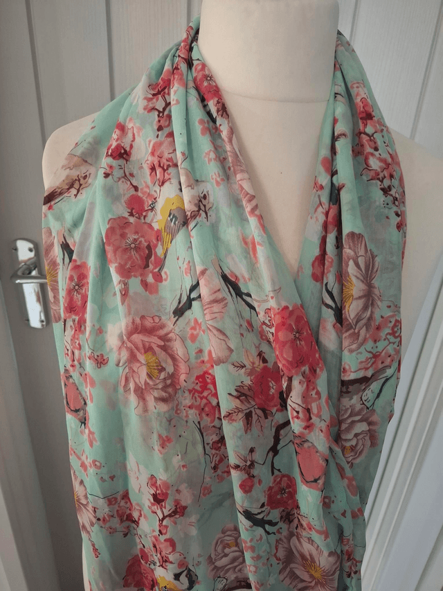 Pink floral with Birds, infinity scarf, blue, with Pink flowers, loop scarf, wrap, shawl, Mothers Day Gift, Scarf, Scarf Women