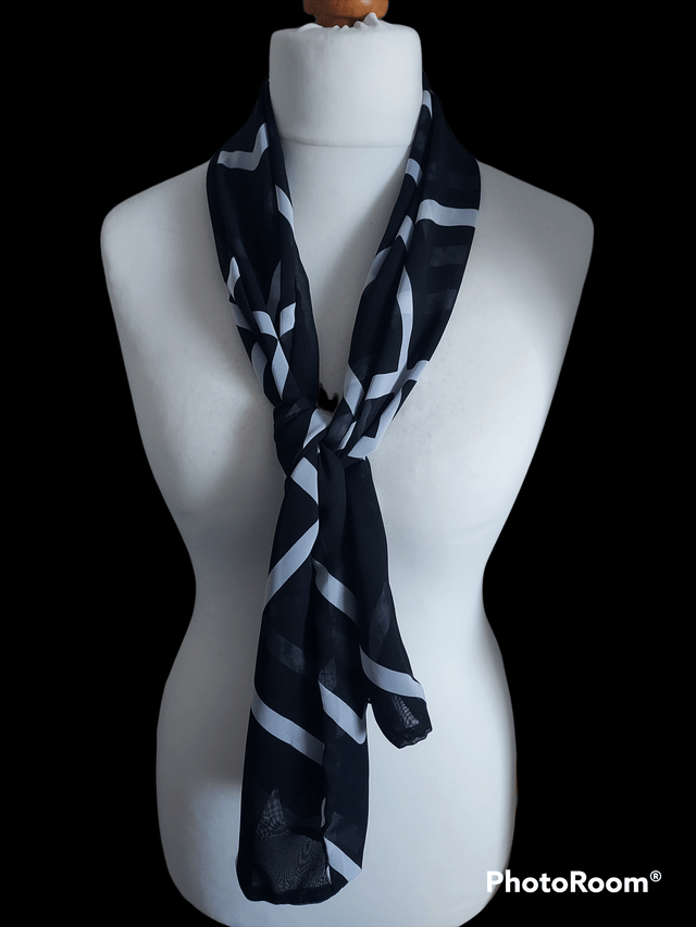 Handmade Black Chiffon scarf, with White Square Print, scarf, wrap, shawl, Mothers Day Gift, Letter Box