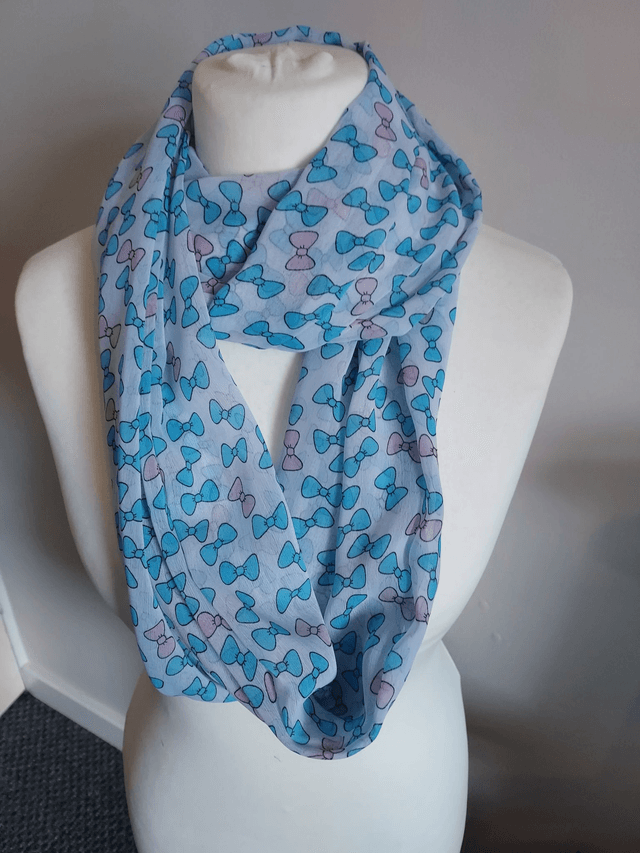 Handmade White infinity scarf, with Blue & Pink Bow Print, loop scarf, wrap, shawl, Mothers Day Gift, Letter Box