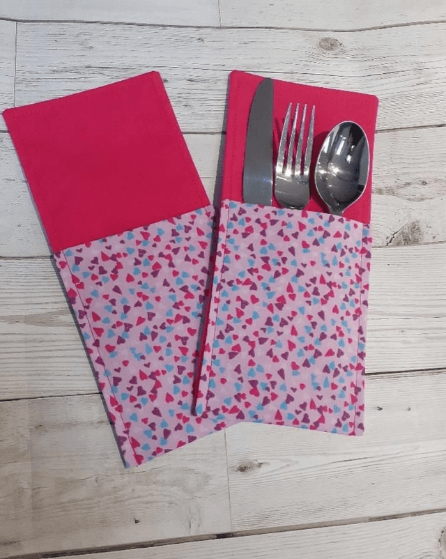 Pink Love Hearts cutlery holders Pair, Cutlery Pouches, Home Decor, Valentines Day, Valentines Gift, Love, Dinner table