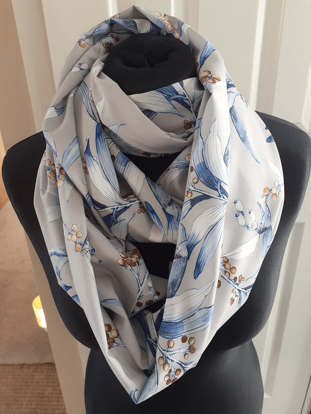 Grey floral, infinity scarf, blue, white and brown flower, loop scarf, wrap, shawl, Mothers Day Gift, Scarf, Scarf Women