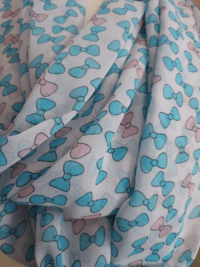 Handmade White infinity scarf, with Blue & Pink Bow Print, loop scarf, wrap, shawl, Mothers Day Gift, Letter Box