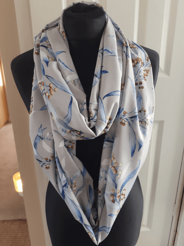 Grey floral, infinity scarf, blue, white and brown flower, loop scarf, wrap, shawl, Mothers Day Gift, Scarf, Scarf Women