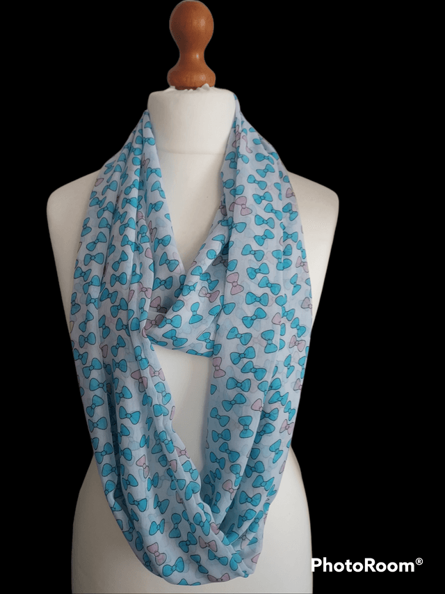 Handmade White infinity scarf, with Blue & Pink Bow Print, loop scarf, wrap, shawl, Mothers Day Gift, Letter Box