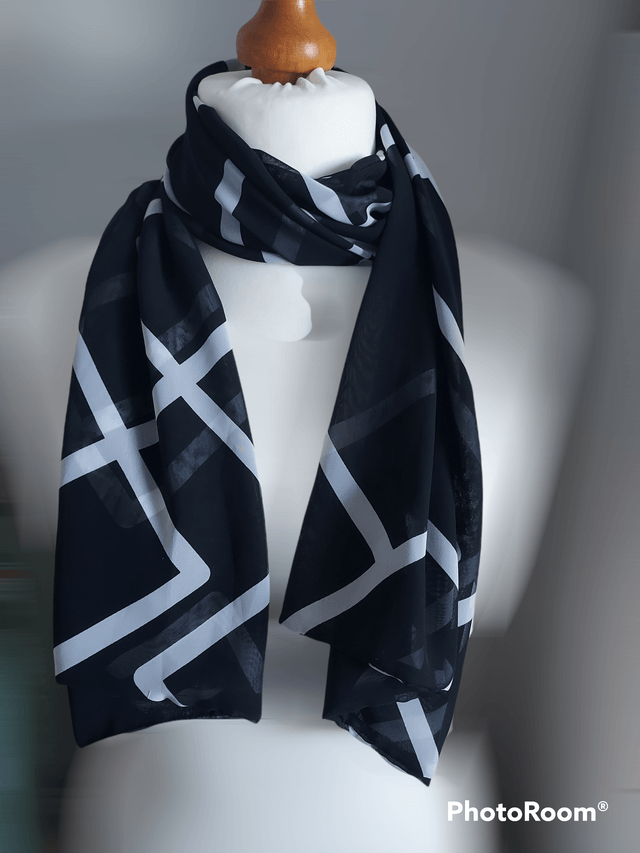 Handmade Black Chiffon scarf, with White Square Print, scarf, wrap, shawl, Mothers Day Gift, Letter Box