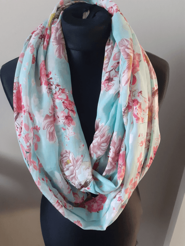 Pink floral with Birds, infinity scarf, blue, with Pink flowers, loop scarf, wrap, shawl, Mothers Day Gift, Scarf, Scarf Women