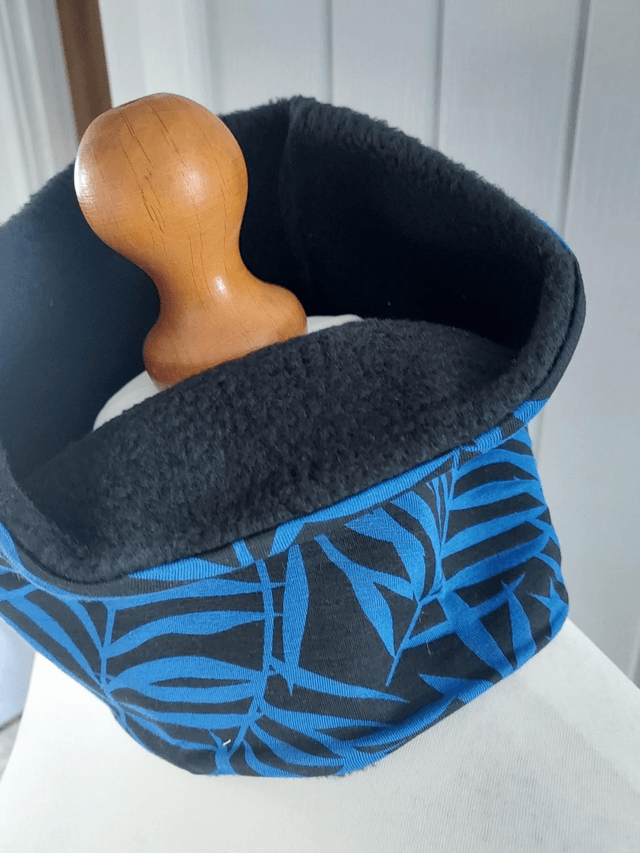 Blue Leaves Neck Warmer, Snood with Black Fleece,