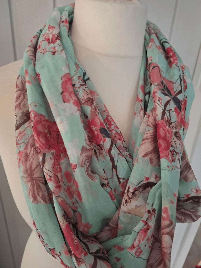Pink floral with Birds, infinity scarf, blue, with Pink flowers, loop scarf, wrap, shawl, Mothers Day Gift, Scarf, Scarf Women