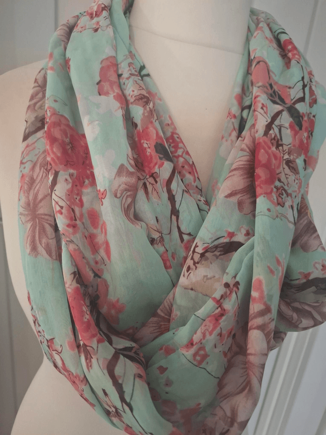 Pink floral with Birds, infinity scarf, blue, with Pink flowers, loop scarf, wrap, shawl, Mothers Day Gift, Scarf, Scarf Women