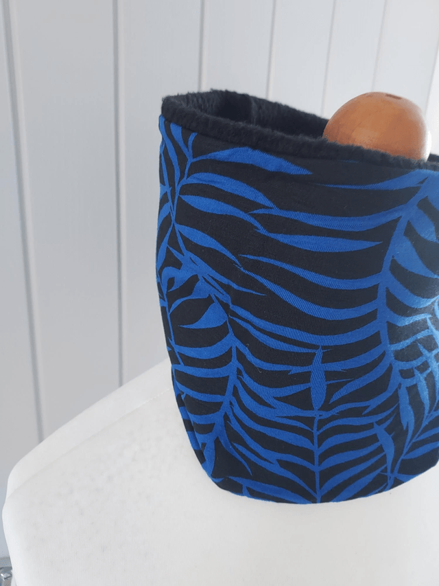 Blue Leaves Neck Warmer, Snood with Black Fleece,