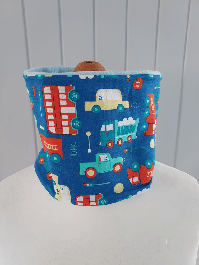 Vehicles Neck Warmer, Snood with Baby Blue Fleece,
