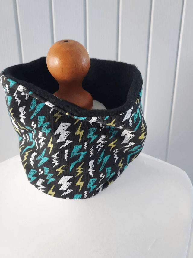 Thunder Lighting Bolt Neck Warmer, Snood with Black Fleece,